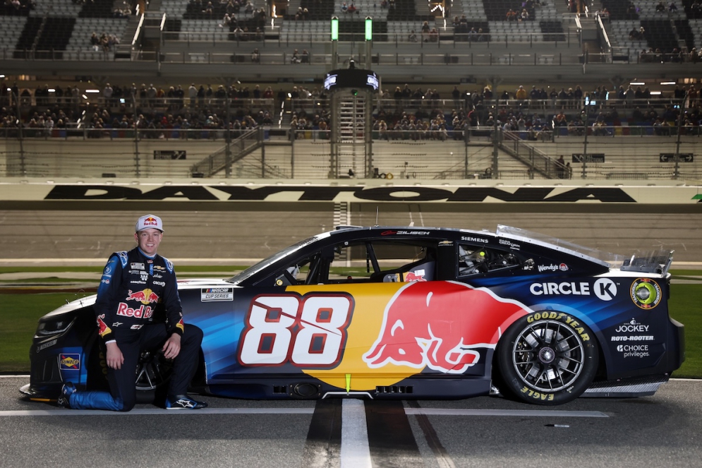 Connor Zilisch, driver of the #88 Cup car for Trackhouse, is pictured with his car in Daytona. Zilisch will be this year's breakout star as he brings his considerable talents to the top level of the sport.