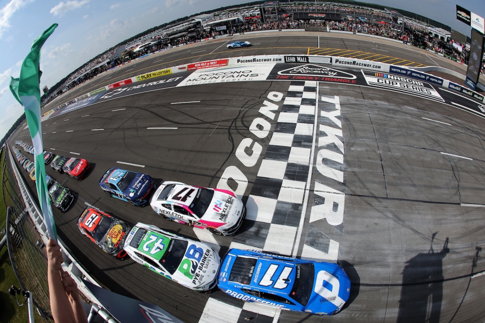 Denny Hamlin (#11) leads the field to the green flag at Pocono on Sunday, June 22. RFK Racing&#039;s Chris Buescher (#17) had a strong fourth-place run on Sunday, but still stands just barely above the cutoff line for making the playoffs, and will likely need a win in the next nine races to secure his spot.