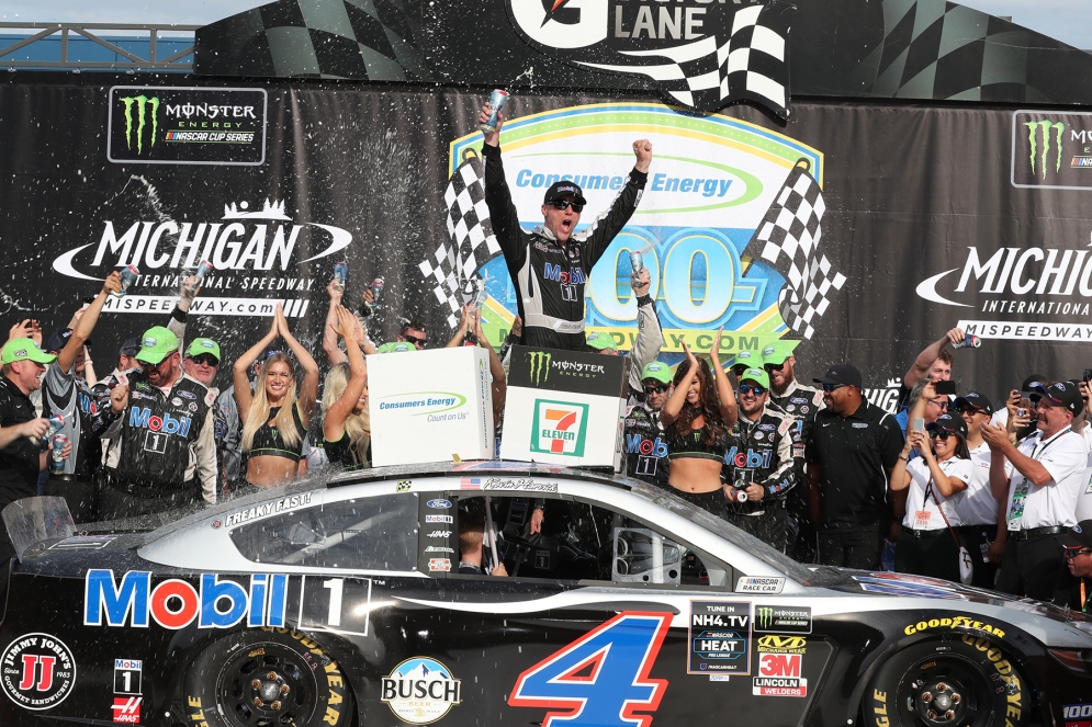 Kevin Harvick celebrates after his victory Sunday at Michigan International Speedway