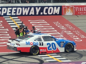 John Hunter Nemechek is interviewed on track after his dominating win at Michigan Speedway on Saturday, his fifth of the season and the 200th career Xfinity Series win for Joe Gibbs Racing.