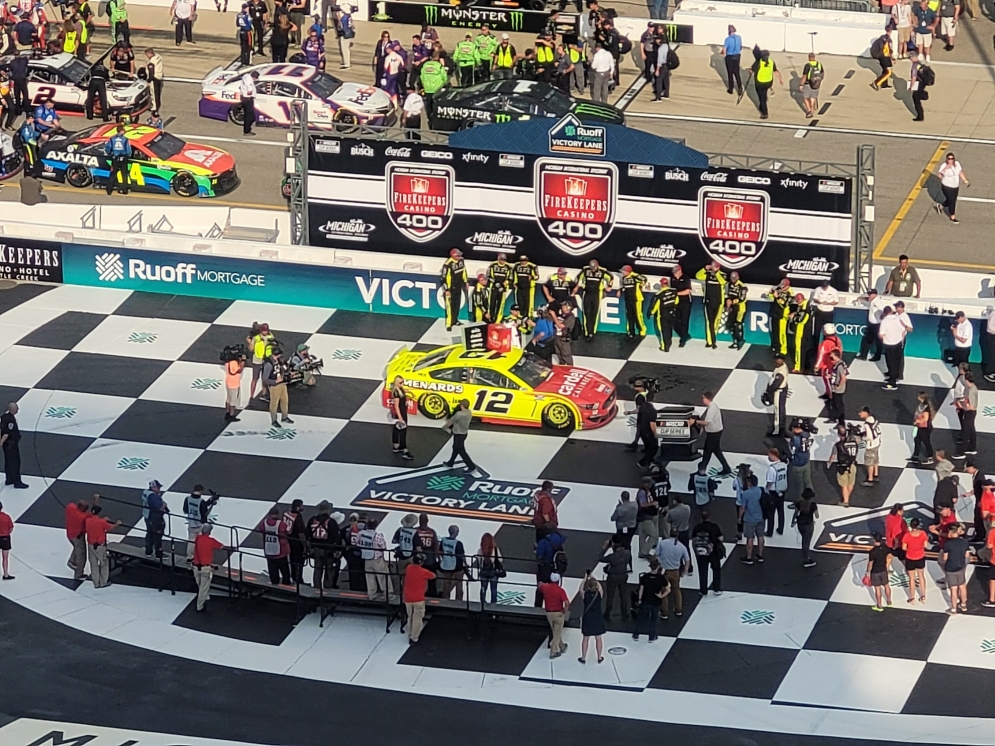 Ryan Blaney celebrates in Victory Lane at Michigan International Speedway